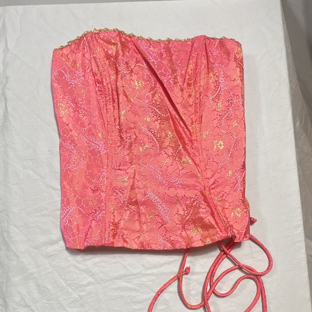Vintage 90s Zum Zum Niki Livas Pink Gold Brocade Corset Top Union Made USA 7-8